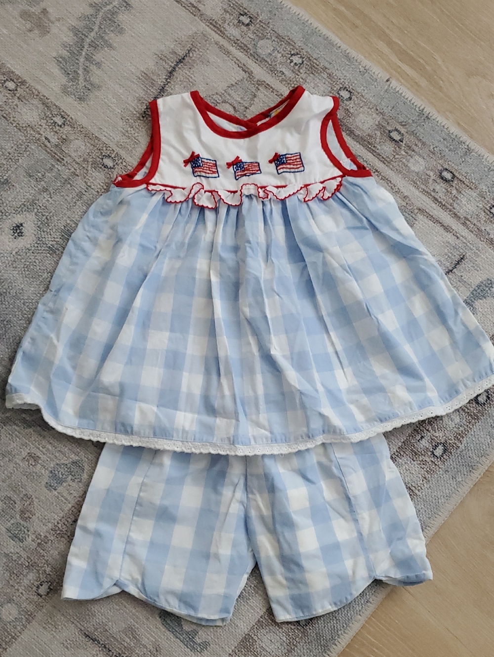 Sugar Dumplin Girls Patriotic Gingham Embroidered American Flag Outfit Set Sz5T